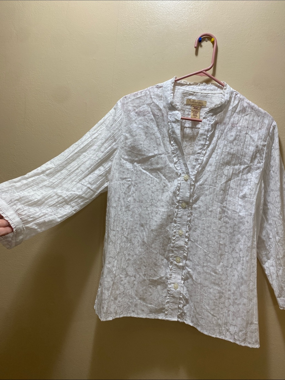 Covington White Textured Button-Front Blouse with Ruffle XL Semi-Sheer Flowy
